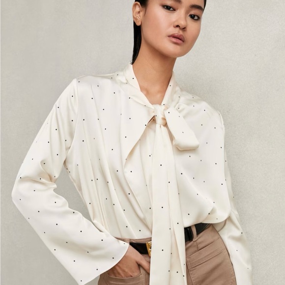 REISS- Cream Rina Polka Dot Tie Neck Blouse - Picture 2 of 11